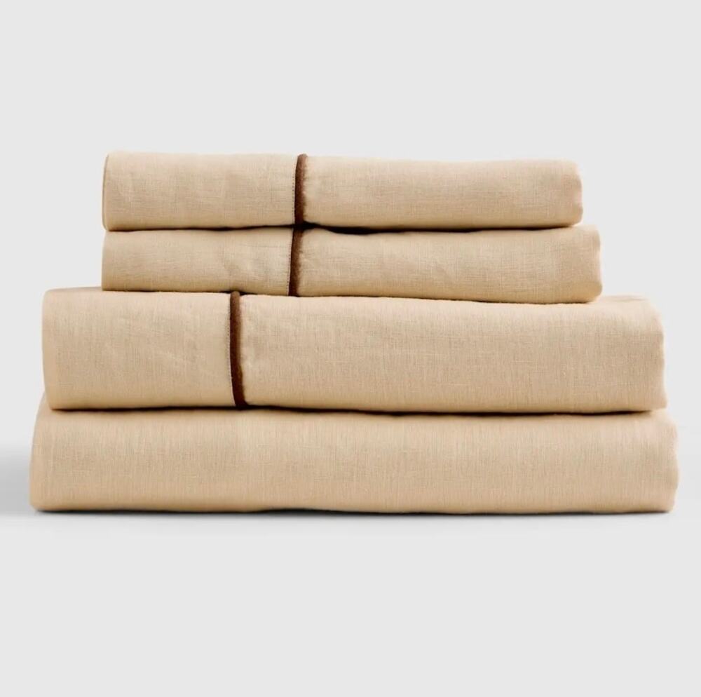 New Quince 100% European Linen Piped 4Pc Sheet Set Queen Oat/Espresso $174 MSRP